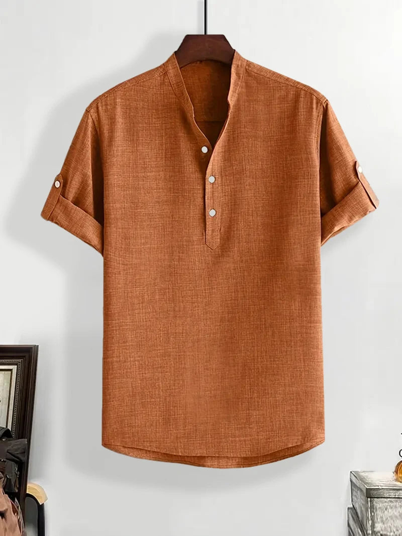 Boys' Beach Short Sleeve Shirt – Solid Color, Half-Button Stand Collar, Casual Summer Top