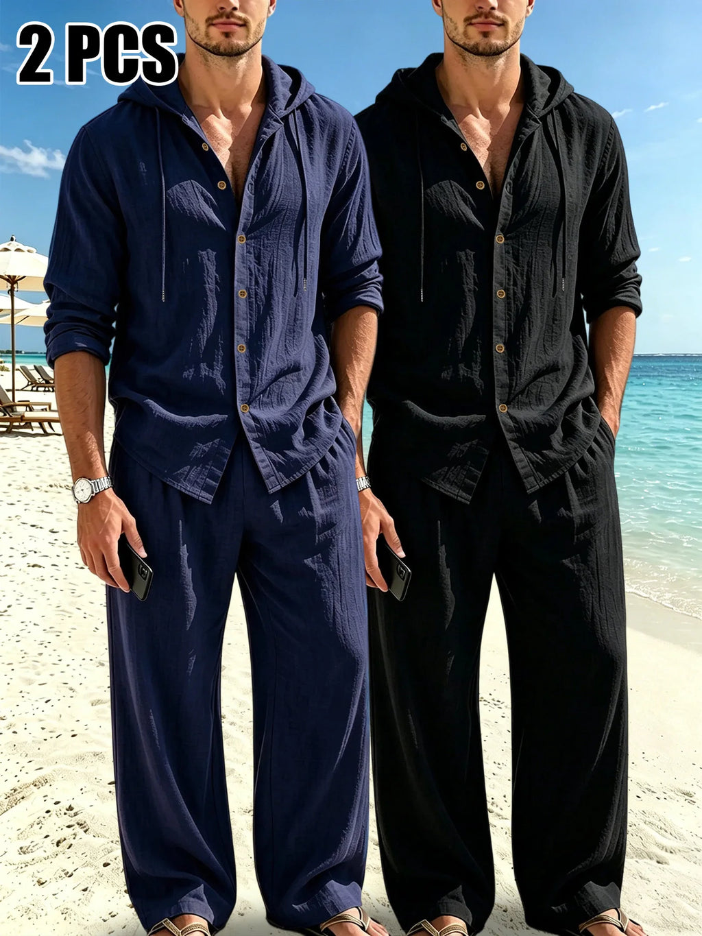 Men's 2-Piece Beach Resort Set – Hooded Button Shirt & Wide-Leg Drawstring Trousers