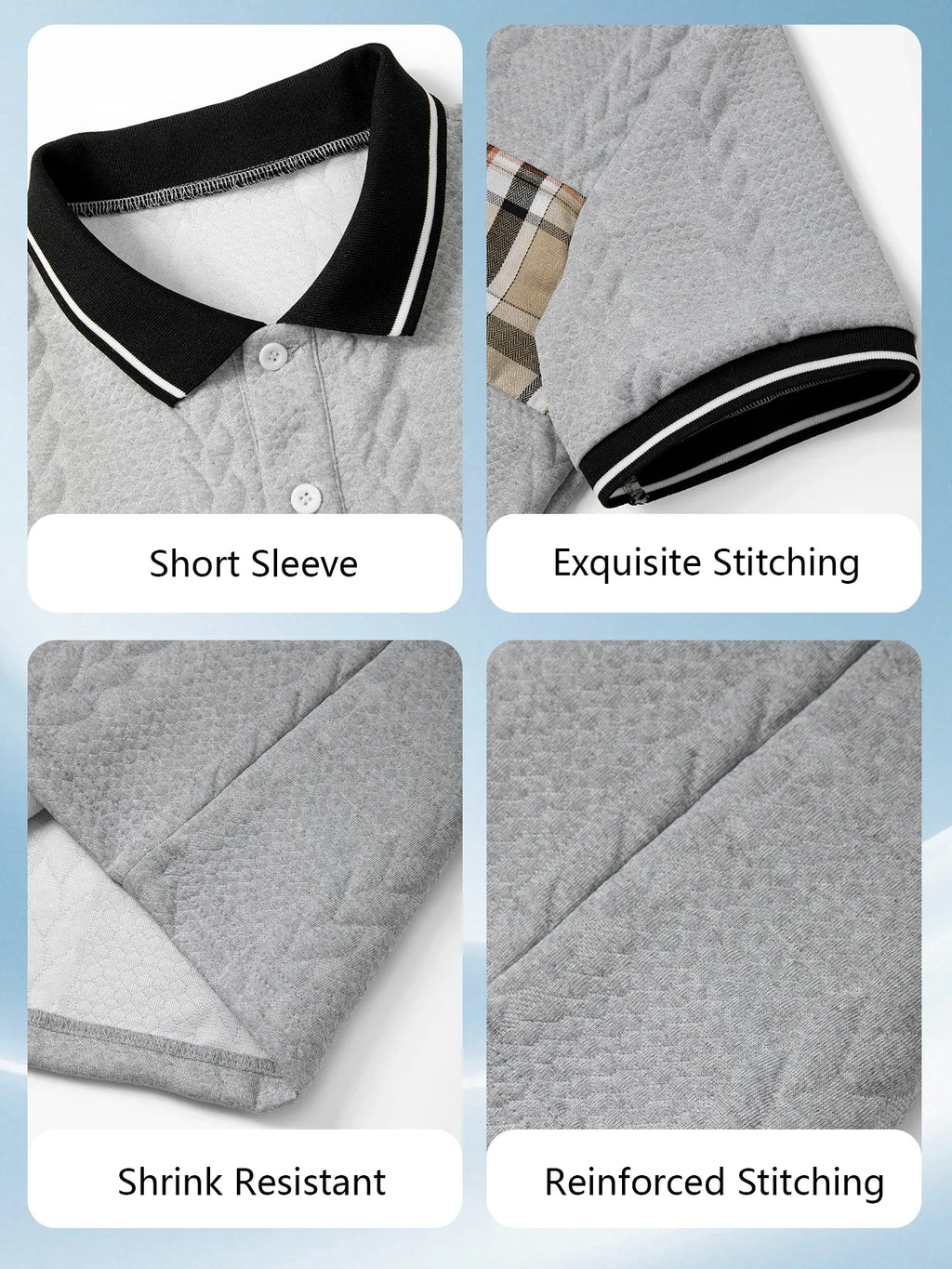 Men's Jacquard Knit Polo Shirt – 3D Cable Texture, Contrast Collar & Plaid Splicing