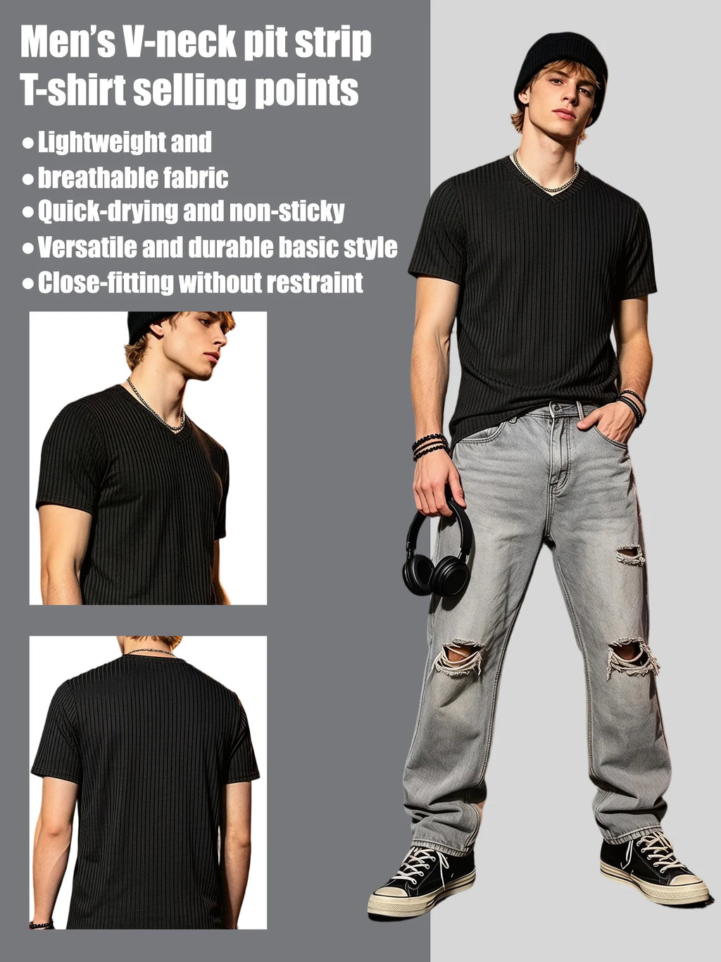 Men's Ribbed V-Neck Slim Fit T-Shirt – Stretch Knit, Quick-Dry Everyday Tee