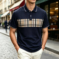 Men's Jacquard Knit Polo Shirt – 3D Cable Texture, Contrast Collar & Plaid Splicing