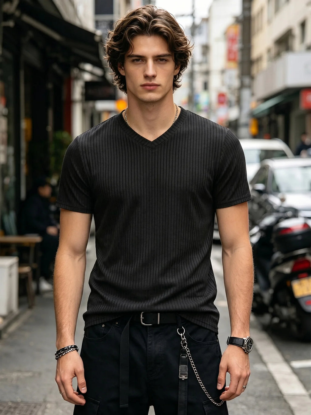 Men's Ribbed V-Neck Slim Fit T-Shirt – Stretch Knit, Quick-Dry Everyday Tee