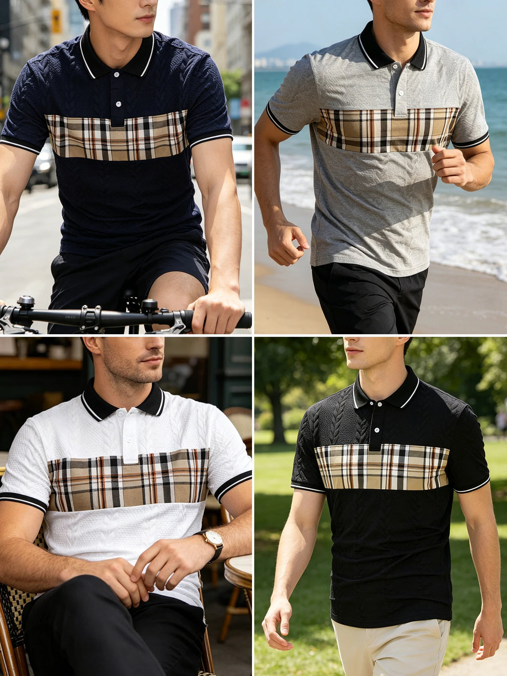 Men's Jacquard Knit Polo Shirt – 3D Cable Texture, Contrast Collar & Plaid Splicing