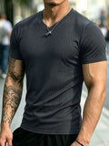 Men's Ribbed V-Neck Slim Fit T-Shirt – Stretch Knit, Quick-Dry Everyday Tee
