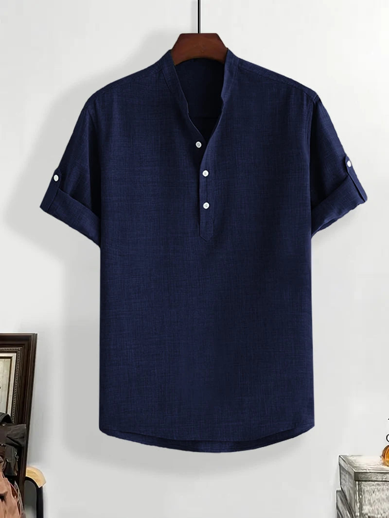 Boys' Beach Short Sleeve Shirt – Solid Color, Half-Button Stand Collar, Casual Summer Top