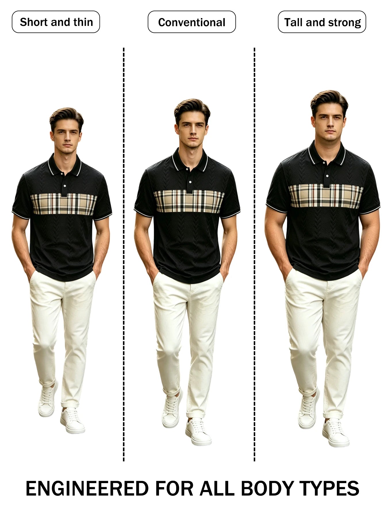 Men's Jacquard Knit Polo Shirt – 3D Cable Texture, Contrast Collar & Plaid Splicing