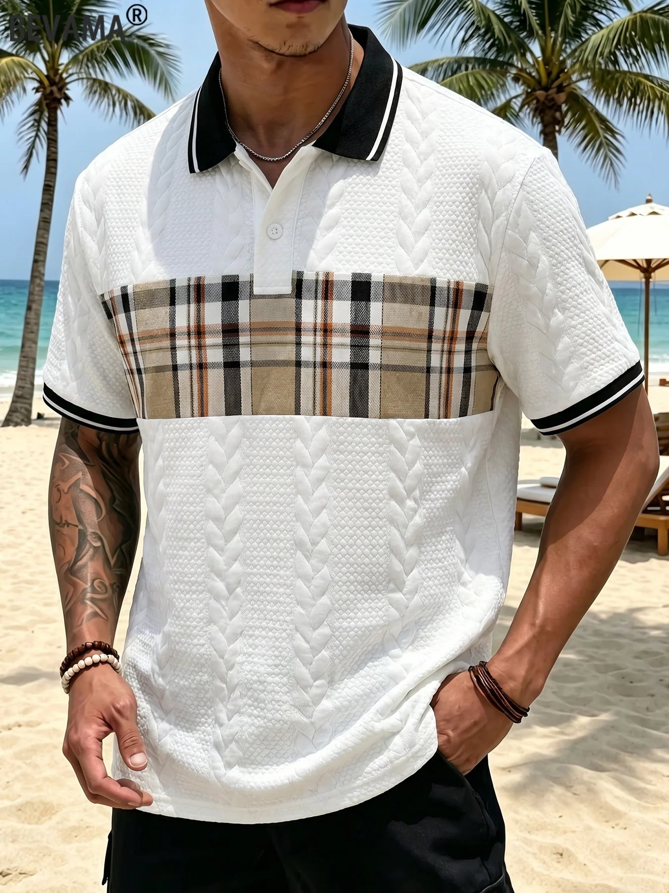 Men's Jacquard Knit Polo Shirt – 3D Cable Texture, Contrast Collar & Plaid Splicing