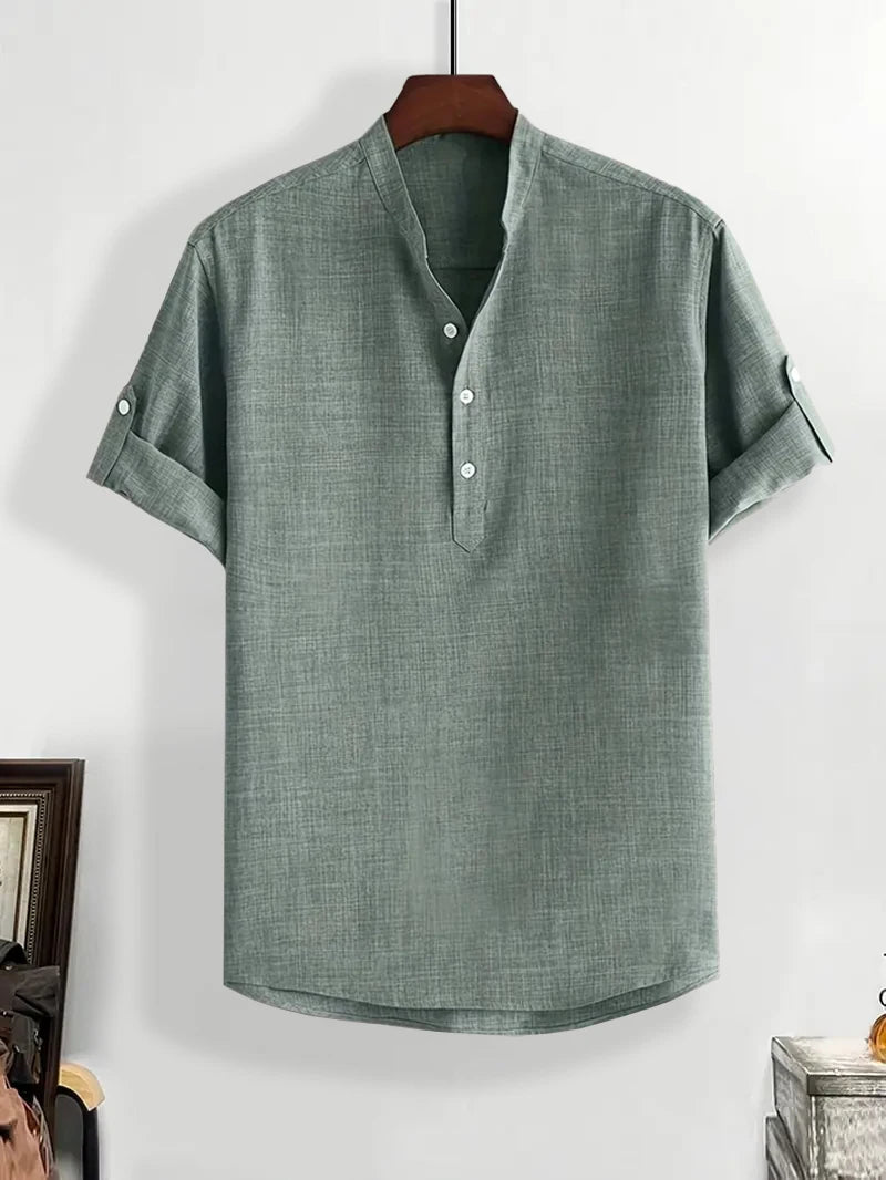 Boys' Beach Short Sleeve Shirt – Solid Color, Half-Button Stand Collar, Casual Summer Top