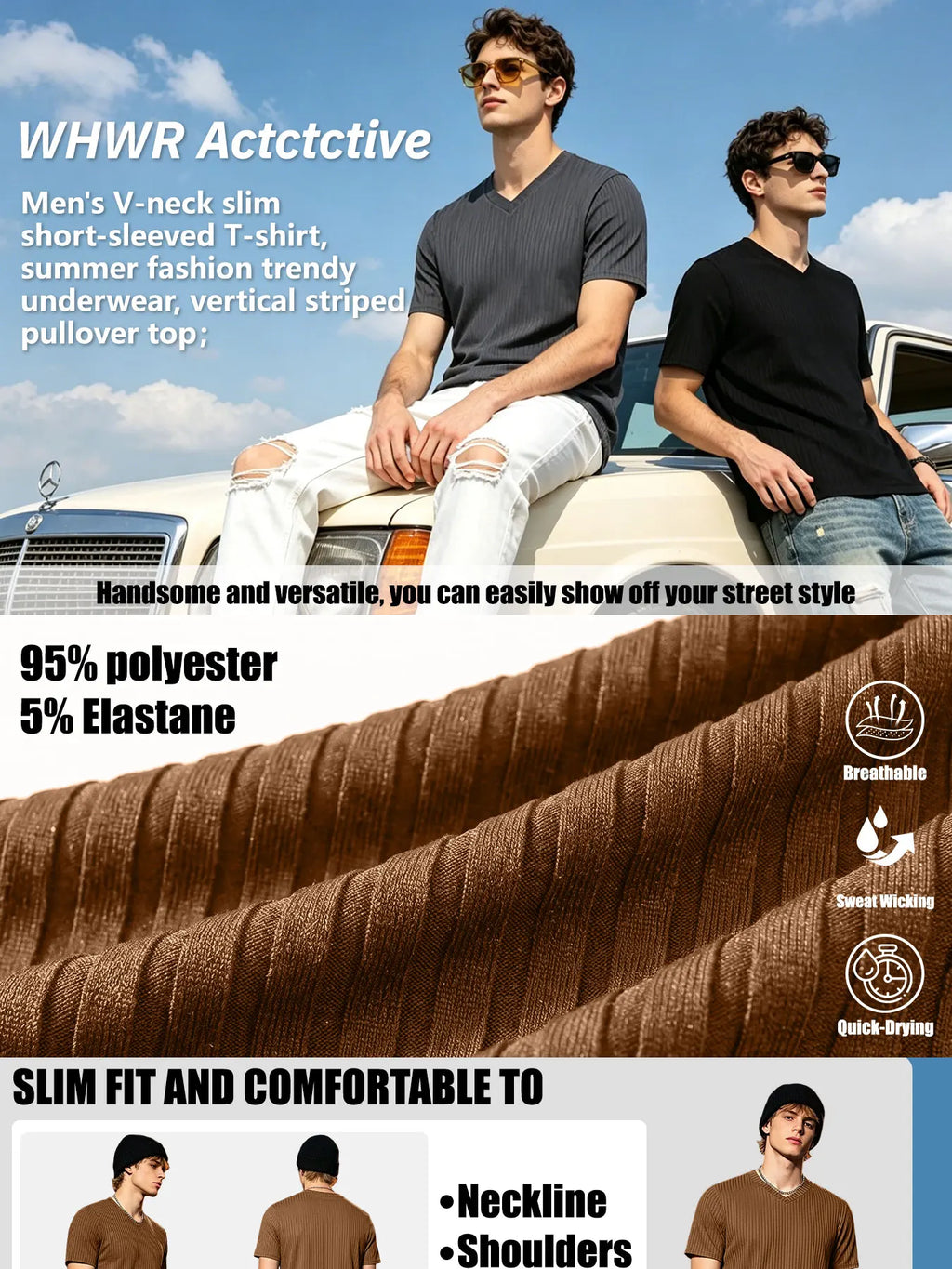 Men's Ribbed V-Neck Slim Fit T-Shirt – Stretch Knit, Quick-Dry Everyday Tee