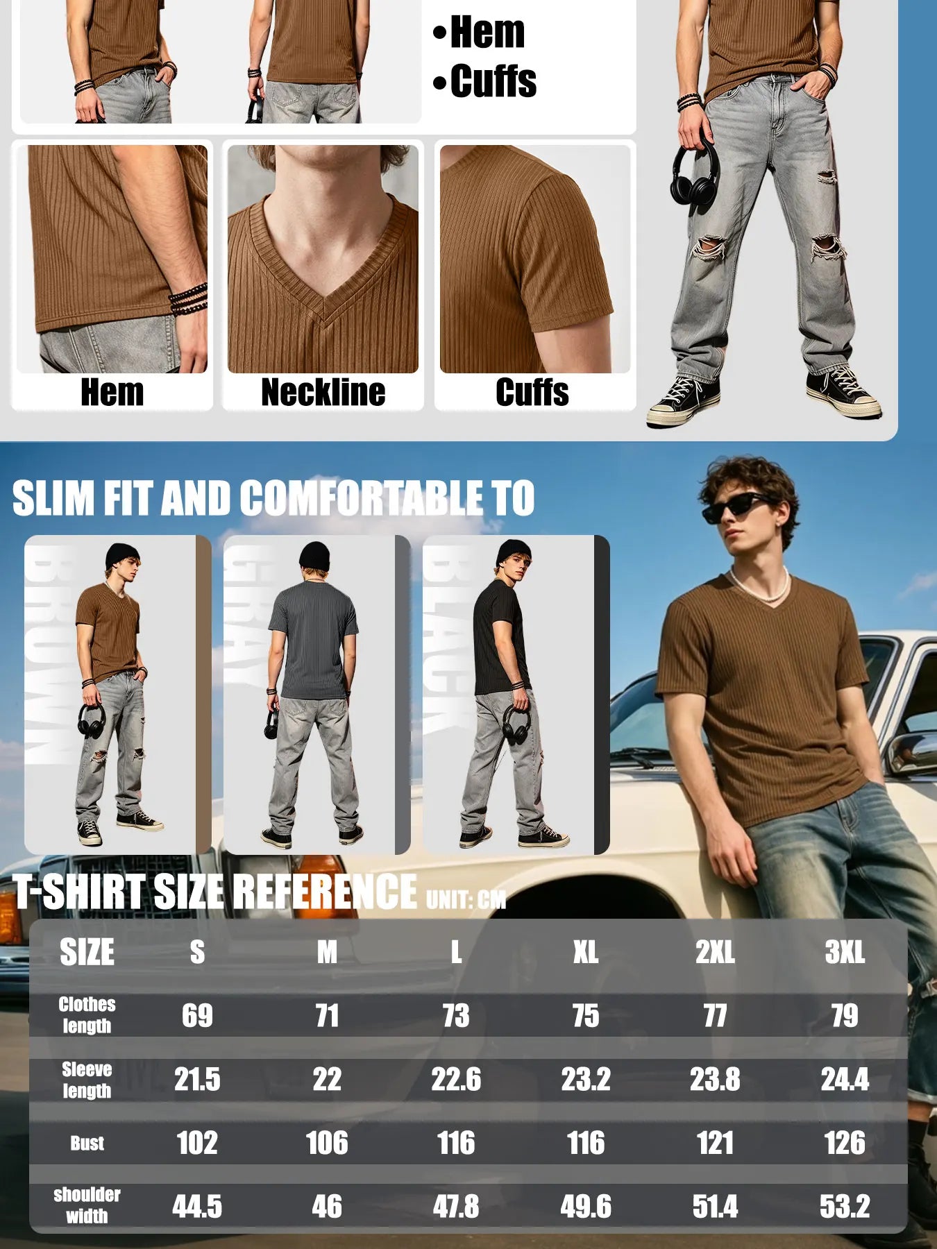 Men's Ribbed V-Neck Slim Fit T-Shirt – Stretch Knit, Quick-Dry Everyday Tee