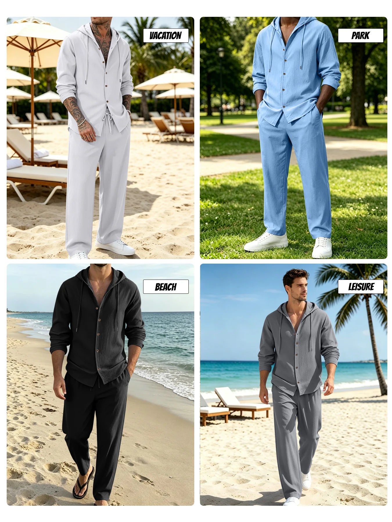 Men's 2-Piece Beach Resort Set – Hooded Button Shirt & Wide-Leg Drawstring Trousers