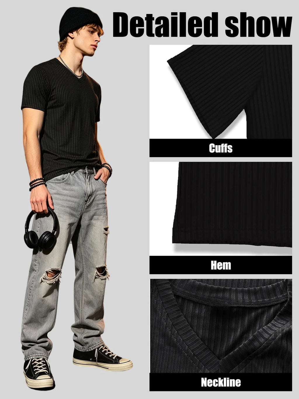 Men's Ribbed V-Neck Slim Fit T-Shirt – Stretch Knit, Quick-Dry Everyday Tee