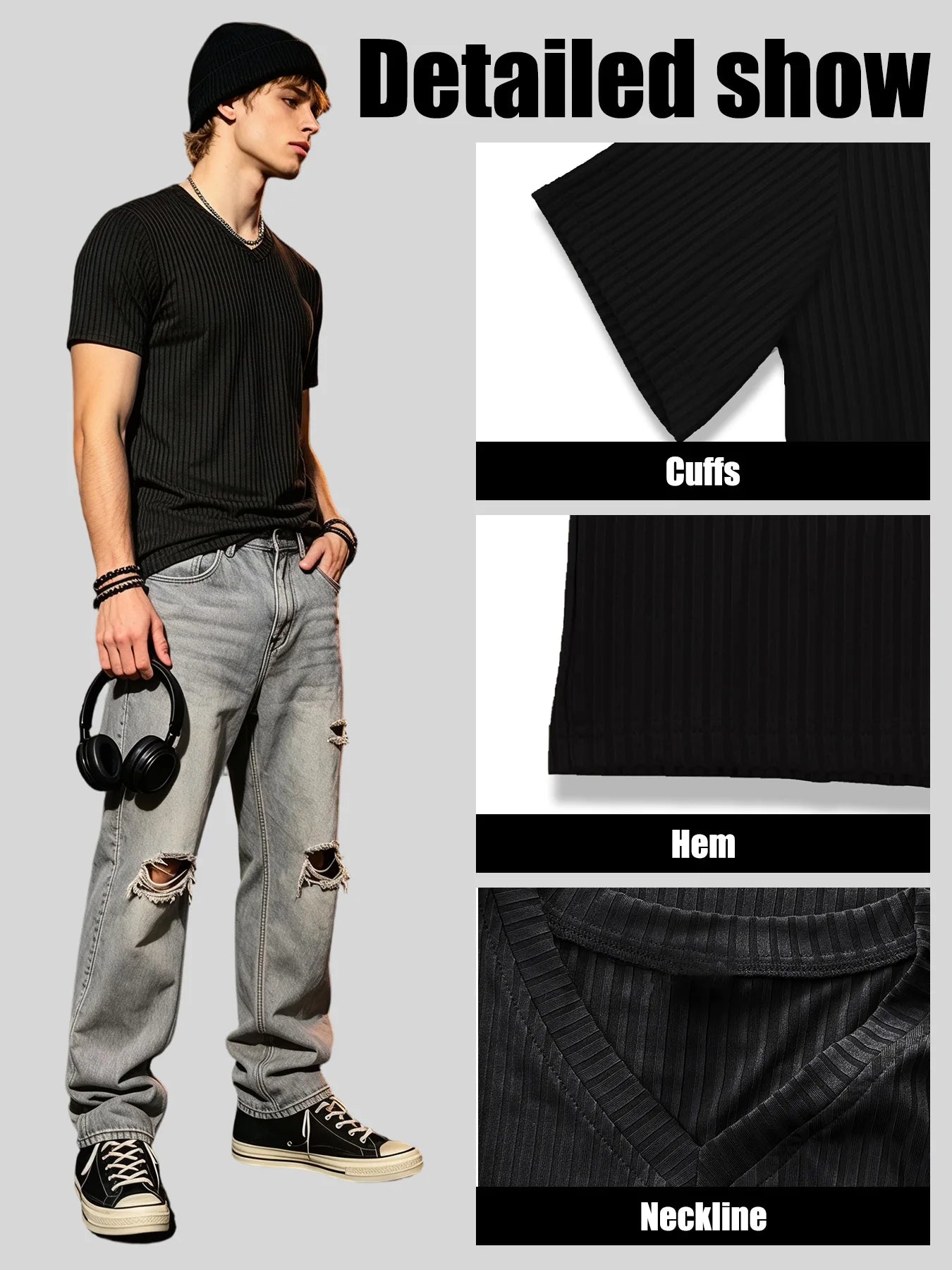 Men's Ribbed V-Neck Slim Fit T-Shirt – Stretch Knit, Quick-Dry Everyday Tee